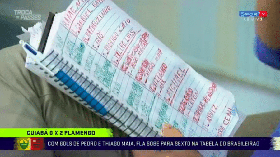 Caderno de Paulo Nunes vira alvo de comentários durante o Troca de Passes - Transmissão TV Globo