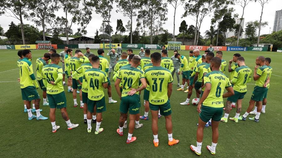 Abel e comissão técnica conversam com jogadores do Palmeiras durante treino  - Cesar Greco/ Palmeiras 