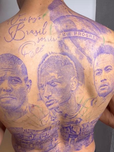 Decalque da nova tatuagem de Richarlison, com rostos de Neymar e Ronaldo, além de frase de Pelé - Reprodução