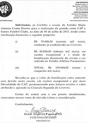 Documento mandado pelo Atlético-PR ao Coritiba - Reprodução - Reprodução