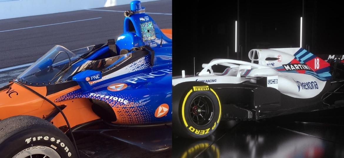 Imagens comparam windshield (Fórmula Indy) e halo (Fórmula 1) - Arte UOL