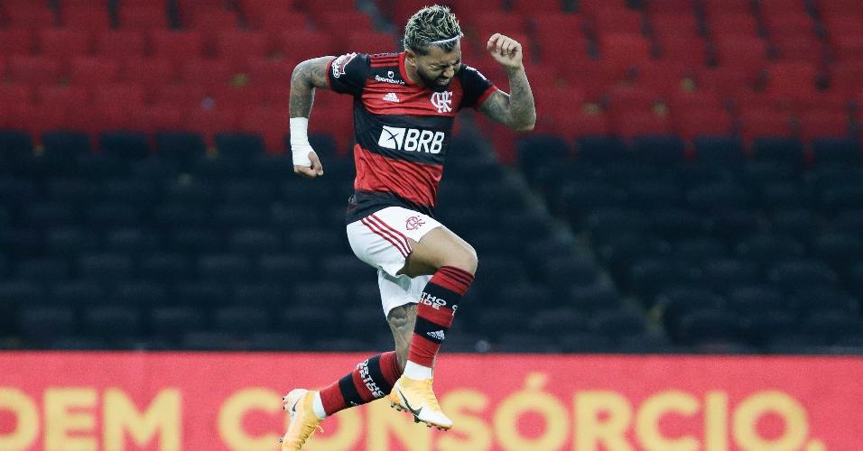 Gabigol comemora seu gol durante partida entre Flamengo x São Paulo 