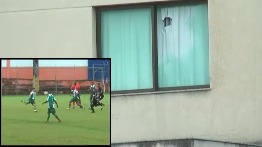 Luciano, do Império Serrano, mandou a bola na janela de um hotel próximo ao estádio Alzirão, em Itaboraí (RJ) - Reprodução/YouTube