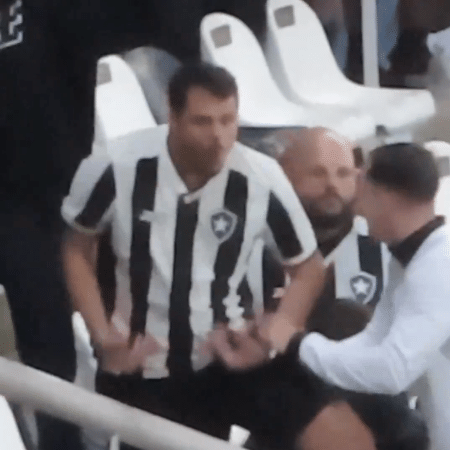 Torcedor do Botafogo imita macaco em direção à torcida do Palmeiras, durante jogo das oitavas de final da Copa Libertadores