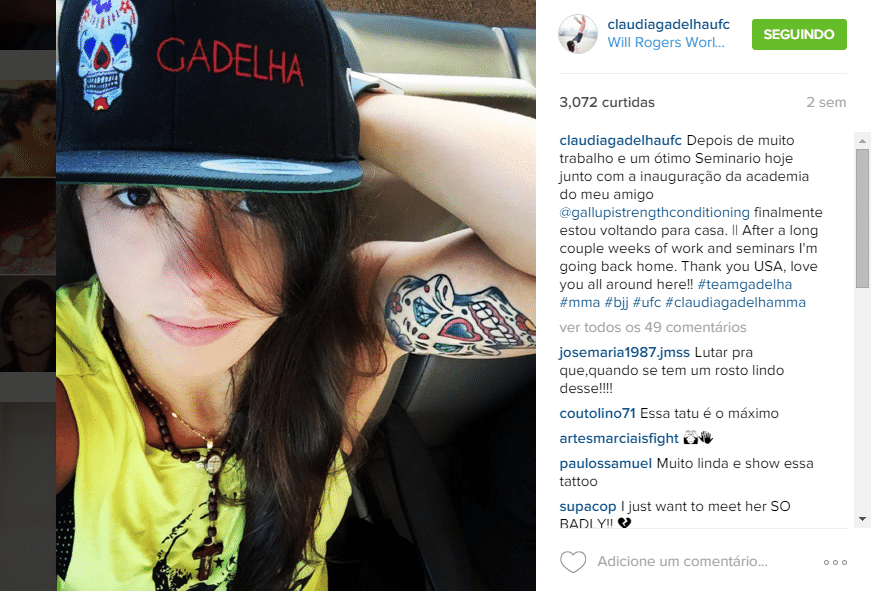Claudia Gadelha opina: "Eu curto muito meu corpo sarado. Não tanto quanto fico para lutar, nas semanas da luta fico muito seca, porque tem que perder muito peso, mas gosto quando estou no camp." - Reprodução/Instagram