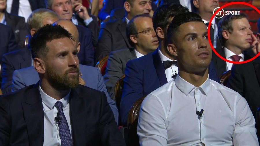 Dirigente limpa o nariz em foto com Messi e Cristiano Ronaldo - reprodução/BT Sport