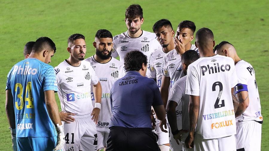 Fernando Diniz conversando com jogadores do Santos na partida contra o Atlético-MG, pelo Brasileirão 2021. - Pedro Ernesto Guerra/Santos FC