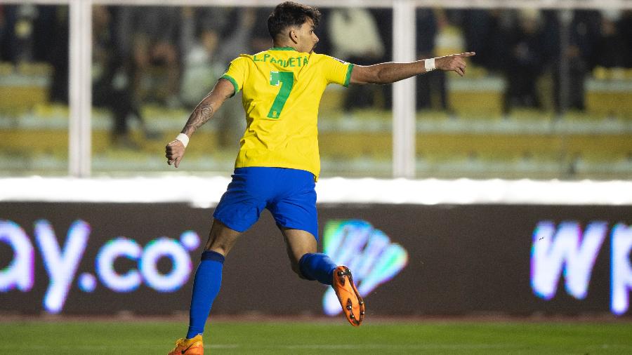 Lucas Paquetá comemora após marcar o primeiro gol da seleção brasileira contra a Bolívia pelas Eliminatórias da Copa do Mundo do Qatar no Estádio Ernando Siles. 29/03/2022 - Lucas Figueiredo/CBF