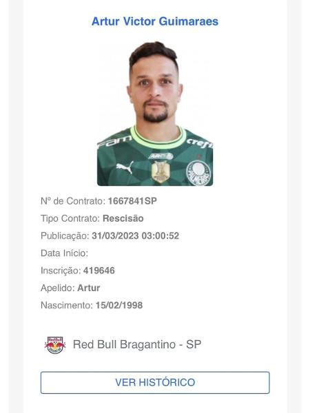 Rescisão de contrato de Artur com o Red Bull Bragantino aparece no BID - Reprodução/BID