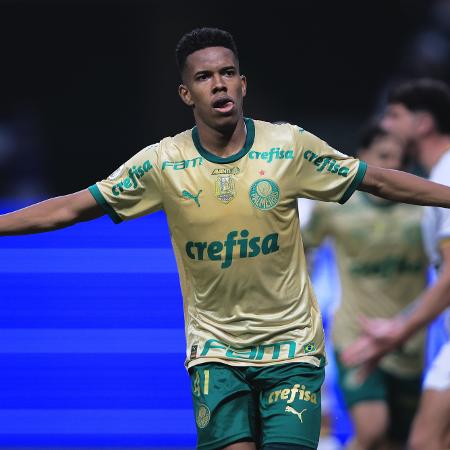 Estêvão, do Palmeiras, comemora seu gol durante partida contra o Criciúma pelo Brasileirão - Ettore Chiereguini/AGIF