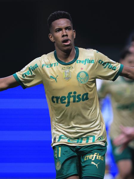 Estêvão, do Palmeiras, comemora seu gol durante partida contra o Criciúma pelo Brasileirão