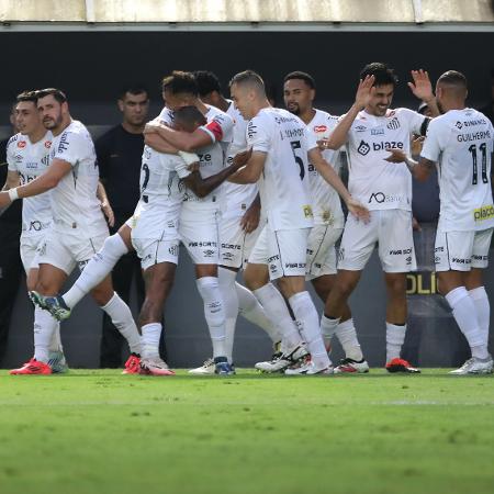 Jogadores do Santos comemoram gol de Basso sobre o Vila Nova em jogo da Série B