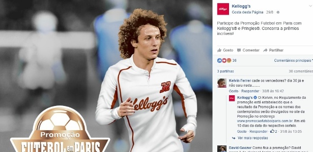 Kellogg"s publicou no dia 29 de agosto um post na rede social Facebook sobre a promoção com David Luiz. Dois dias depois, zagueiro trocou de clube - Reprodução/Facebook