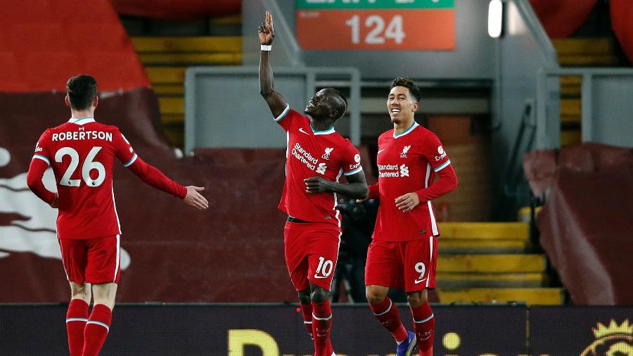 Mane comemora o gol do Liverpool contra o West Bromwich no Campeonato Inglês - CLIVE BRUNSKILL/AFP
