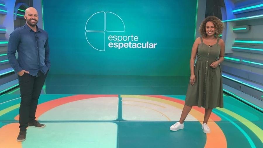 Karine Alves com Lucas Gutierrez no estúdio do "Esporte Espetacular" - Divulgação/Globo