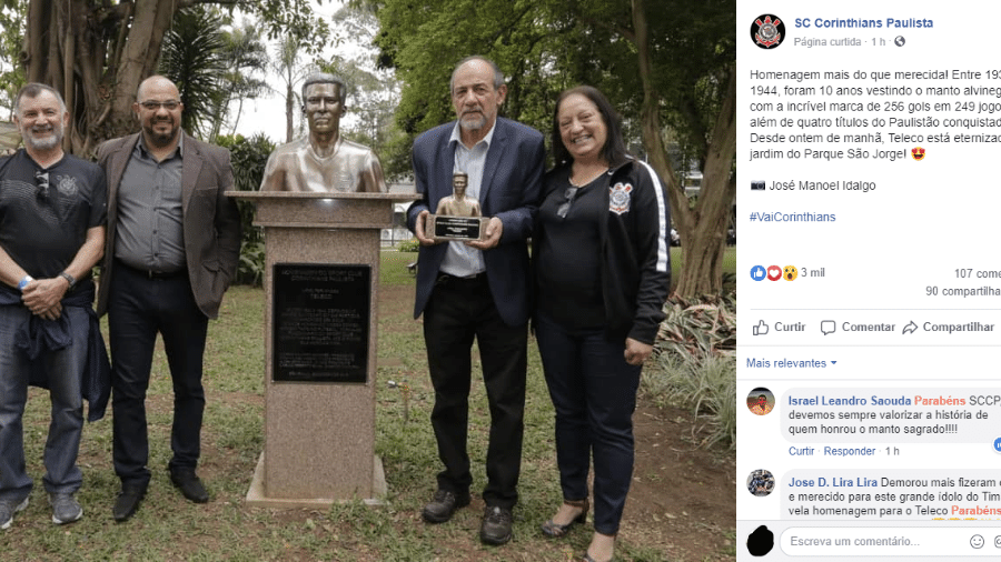Corinthians inaugurou busto em homenagem ao histórico jogador Teleco - Reprodução/Facebook oficial do Corinthians