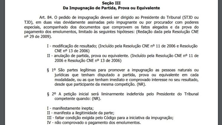 Trecho da regra sobre erro de direito no futebol, alegação do São Paulo contra o Ceará - Reprodução - Reprodução