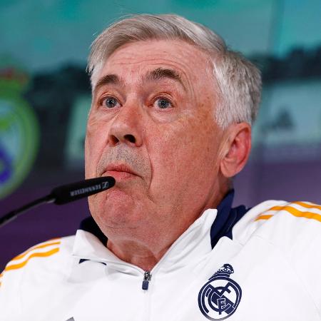 Carlo Ancelotti em sua entrevista no Real Madrid após anúncio da CBF de que treinará a seleção brasileira