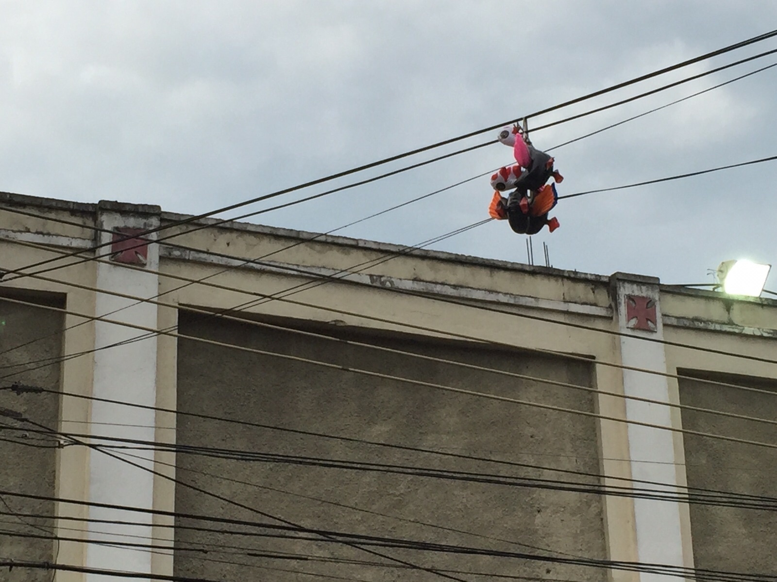 No destaque, uma das galinhas penduradas na fiação que passa em frente a São Januário. Milho também foi jogado no entorno da entrada de visitante do estádio. - Pedro Ivo Almeida/UOL