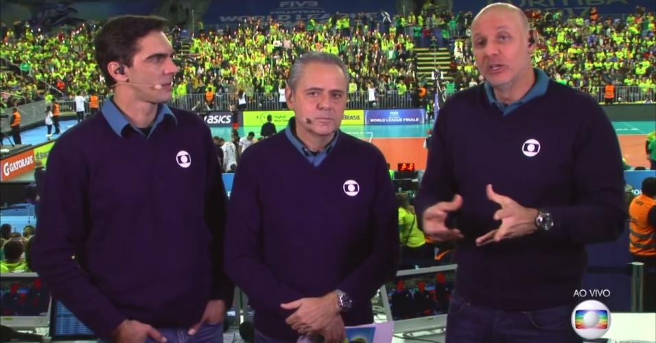 Luis Roberto, Giba e Tande na transmissão da Globo da final da Liga Mundial de vôlei