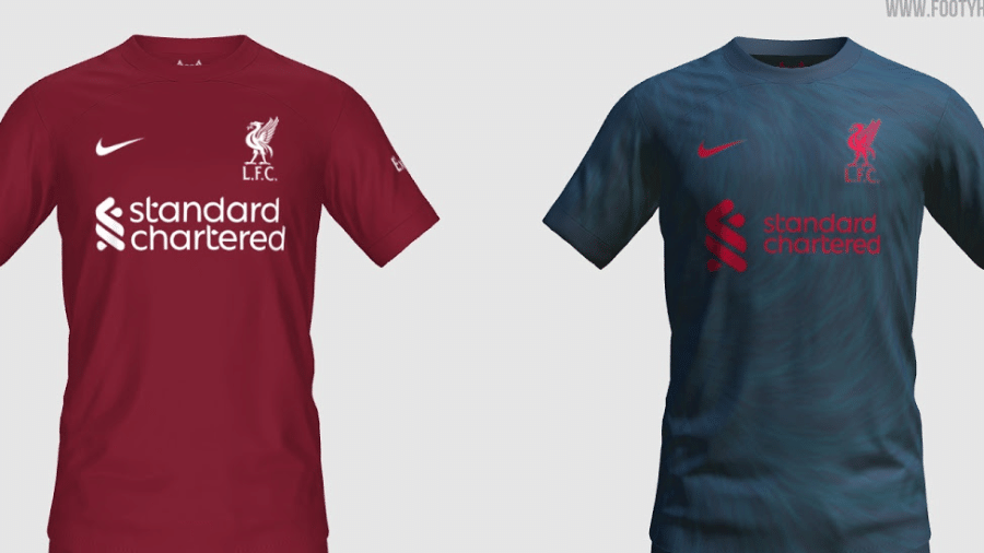 Supostas camisas do Liverpool para a temporada 2022-23 - Montagem sobre reprodução/FootyHeadlines.com