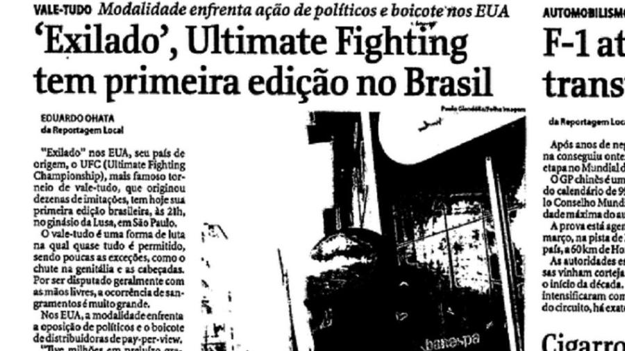 Folha de S. Paulo com relato do primeiro UFC no Brasil - Reprodução/Folha de S.Paulo