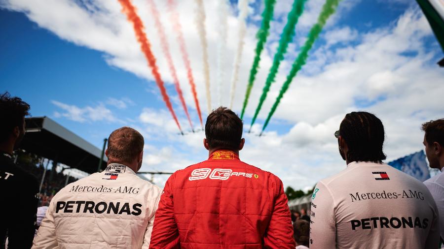 Valteri Bottas, Charles Leclerc e Lewis Hamilton no GP de Monza - Guido de Bortoli/Getty Images