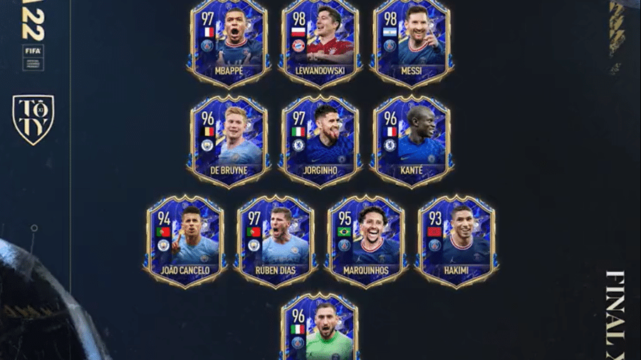 TOTY do Fifa 22: Donnarumma; Hakimi, Marquinhos, Ruben Dias, João Cancelo; Kanté, Jorginho, De Bruyne; Messi, Lewandowski e Mbappé - Reprodução/EA Sports