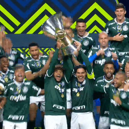 Scarpa e Gustavo Gómez levantam a taça do Brasileirão, conquistado pelo Palmeiras - Reprodução