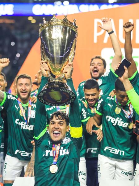 Jogadores do Palmeiras comemoram o título do Campeonato Paulista de 2023