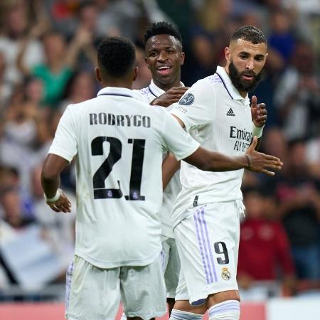 Vinicius Jr, Rodrygo e Benzema durante a partida contra o Shakhtar na Champions - Angel Martinez/Getty Images