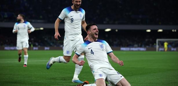 Rice, da Inglaterra, comemora seu gol marcado contra a Itália, pelas eliminatórias da Euro 2024