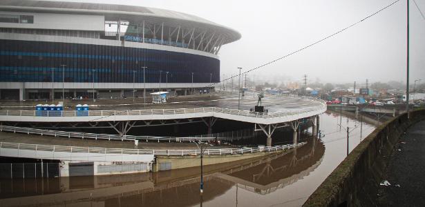 Alagamento atinge parte inferior da Arena do Grêmio, campo submerso.