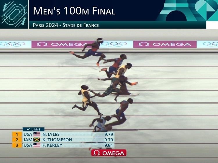 Fotofinish da final dos 100m rasos: Lyles venceu por muito pouco