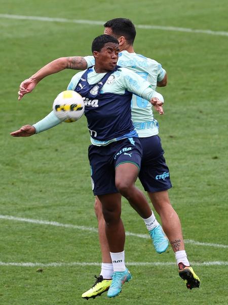 O zagueiro Luan e o atacante Endrick disputando uma bola pelo alto em treino do Palmeiras - Cesar Greco/Palmeiras