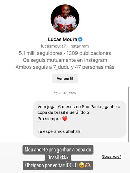 Mensagem que Jonathan Calleri enviou a Lucas Moura em 17 de julho