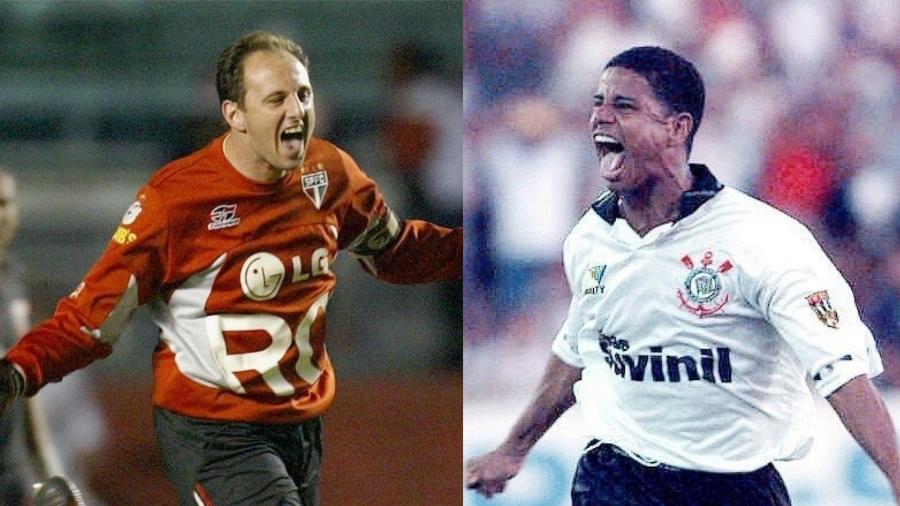 Rogério Ceni e Marcelinho comemoram gol de falta por São Paulo e Corinthians, respectivamente - Mauricio Lima/AFP e Antonio Gaudério/Folha Imagem