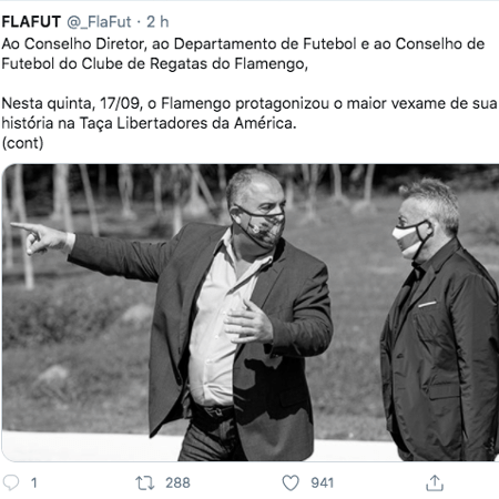 Tuíte do grupo FlaFut pedindo a imediata demissão do técnico Domènec Torrent - Reprodução Twitter