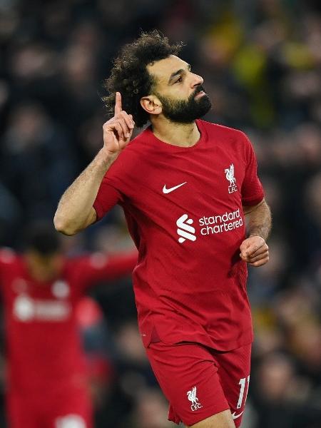 Salah celebra o 4º gol do Liverpool contra o Manchester United