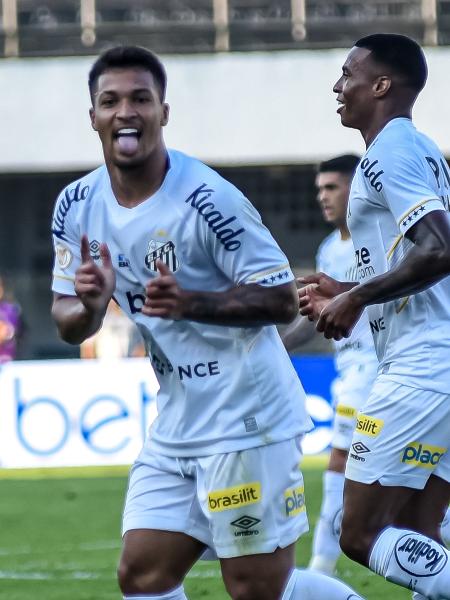 Marcos Leonardo, do Santos, comemora seu gol no jogo contra o Botafogo, na Vila, pelo Brasileirão