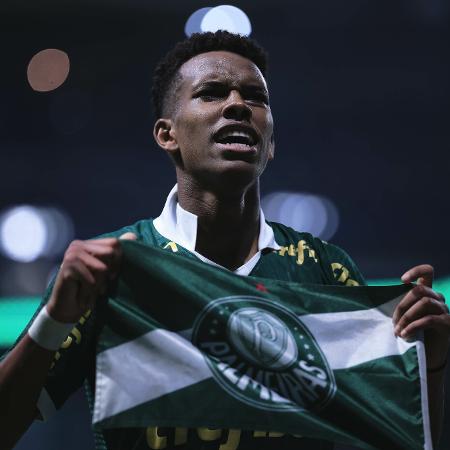 Estêvão, do Palmeiras, comemora seu gol contra o Botafogo-SP, pela Copa do Brasil