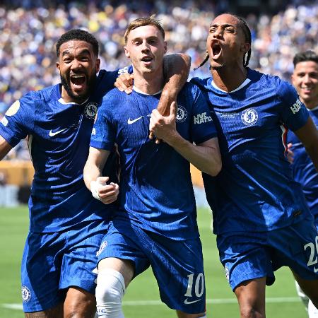 Reece James, Palmer e João Pedro festejam gol do Chelsea sobre o PSG na final do Mundial Reece James, Palmer e João Pedro festejam gol do Chelsea sobre o PSG na final do Mundial