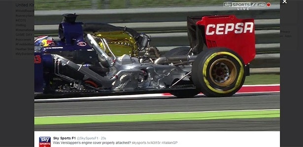 Carro de Verstappen ficou sem a carenagem do motor - Reprodução/Twitter