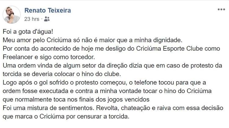 Torcedor e funcionário do Criciúma se desliga do clube após receber ordem no estádio - Reprodução/Facebook - Reprodução/Facebook