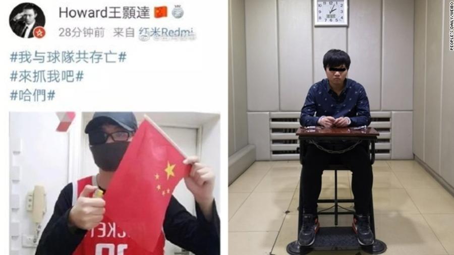 9.out.2019 - Torcedor do Houston Rockets é preso em Hong Kong após ameaçar queimar bandeira da China - Reprodução/People"s Daily Weibo