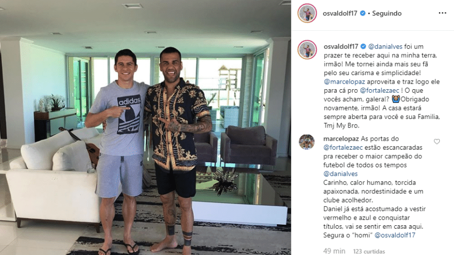 Osvaldo encontra Daniel Alves no Ceará e pede contratação ao Fortaleza; presidente Marcelo Paz responde - reprodução/Instagram