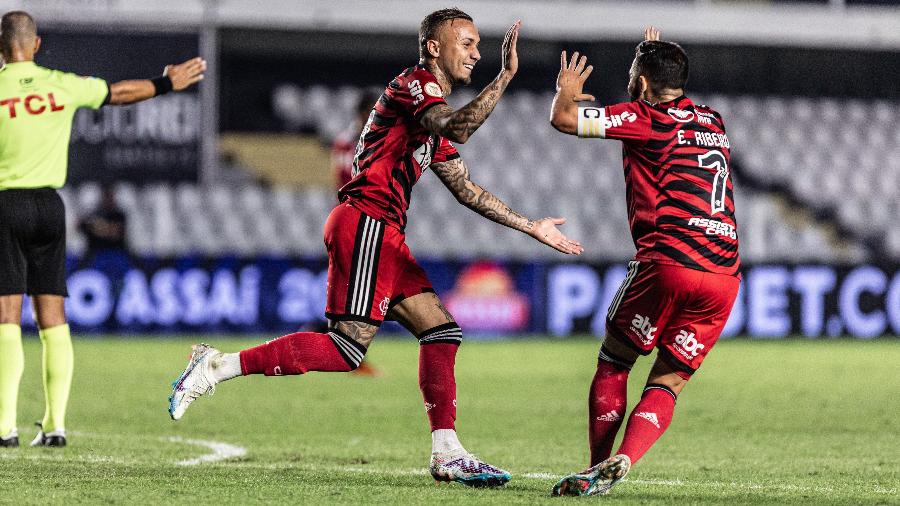 Cebolinha, do Flamengo, comemora gol contra o Santos em jogo pelo Brasileirão - Abner Dourado/AGIF