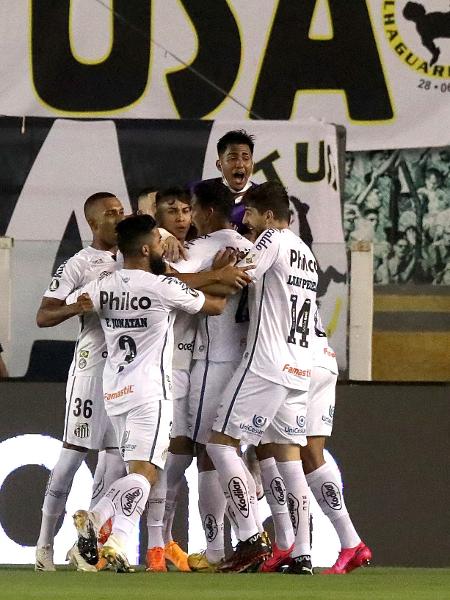 Jogadores do Santos comemoram gol contra o Grêmio: 4 a 1 na Vila Belmiro - Amanda Perobelli-Pool/Getty Images