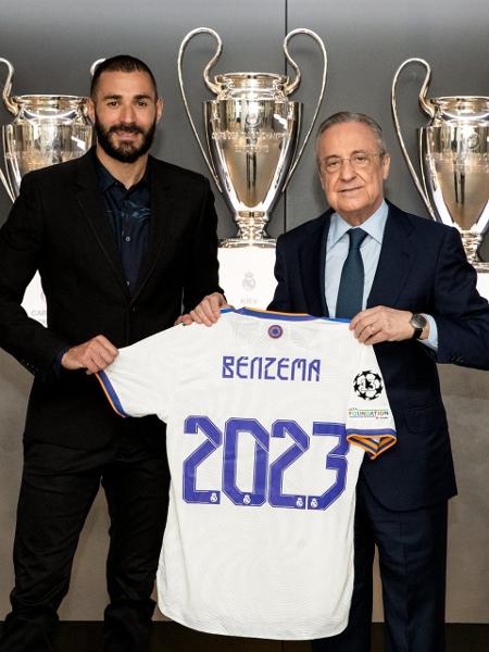 Benzema e o presidente do Real Madrid, Florentino Pérez, anunciam renovação do craque - Real Madrid