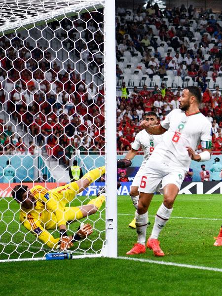 Gol de Marrocos inicialmente atribuído a Abdelhamid Sabiri agora entra para a conta de Romain Saïss. - BSR Agency/Getty Images